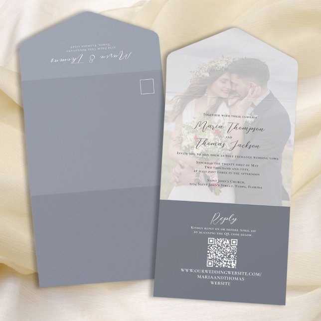 Invitación Todo En Uno Elegante Boda fotográfico Dusty Blue (Subido por el creador)