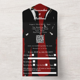 Invitación Todo En Uno Elegante Boda Gay Moderna de Hombres en Rojo Burde