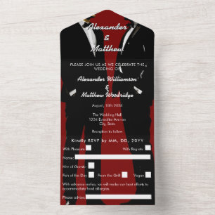 Invitación Todo En Uno Elegante Boda Gay Moderna de Hombres en Rojo Burde