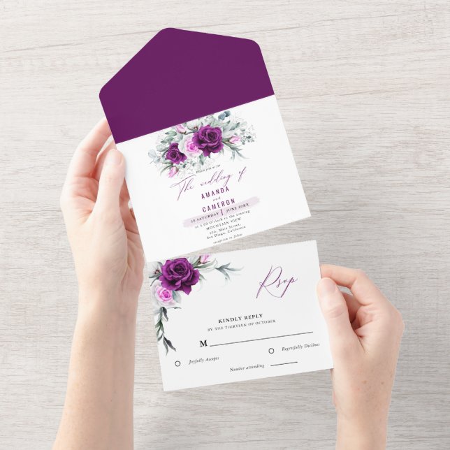 Invitación Todo En Uno Elegante Boda Geométrico Rústico Morado Rubor (desgarro)