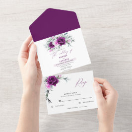 Invitación Todo En Uno Elegante Boda Geométrico Rústico Morado Rubor