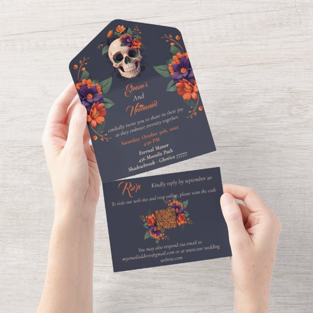 Invitación Todo En Uno Elegante boda gótico de cráneo floral 3D (desgarro)