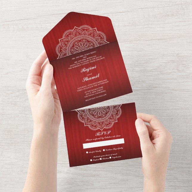 Invitación Todo En Uno Elegante Boda Indio Profundo (no se necesita ningú (desgarro)