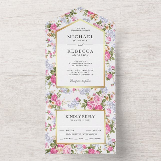 Invitación Todo En Uno Elegante Boda Jardín Botánico de Rosas Rosa (Interior)