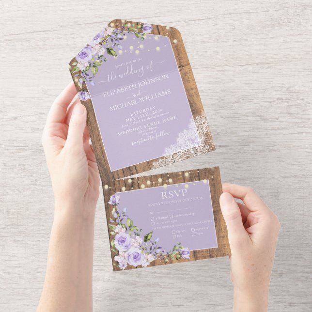 Invitación Todo En Uno Elegante Boda Lilac Lavender Rustic Wood Lace (desgarro)