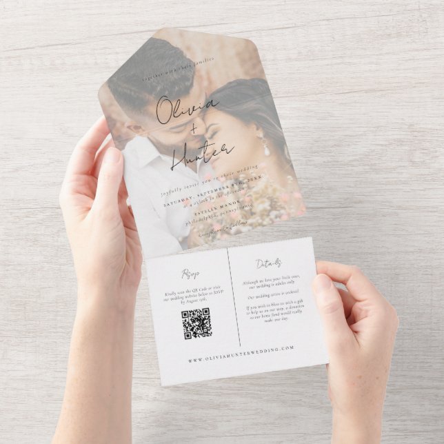 Invitación Todo En Uno Elegante Boda manuscrito fotográfico (desgarro)