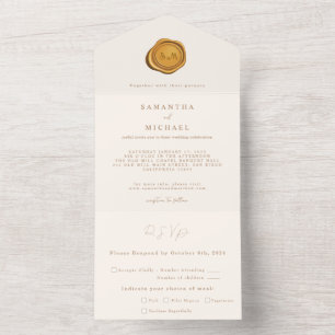 Invitación Todo En Uno Elegante Boda Minimalista de sellos de cera de oro
