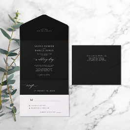 Invitación Todo En Uno Elegante boda minimalista negro y blanco oscuro