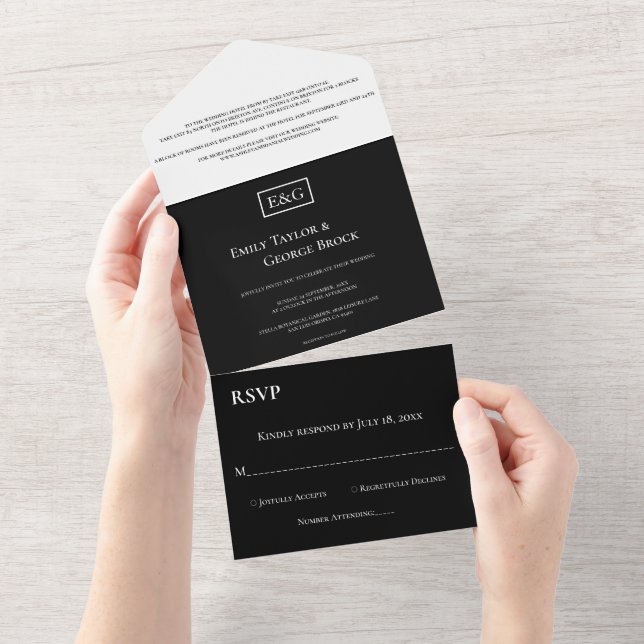Invitación Todo En Uno Elegante Boda Mínimo De Monograma Blanco Y Negro (desgarro)