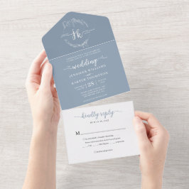 Invitación Todo En Uno Elegante Boda Mínimo Floral Dusty Blue Monograma