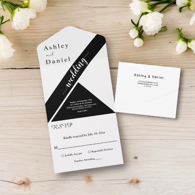 Invitación Todo En Uno Elegante Boda Moderno Blanco Y Negro (Subido por el creador)