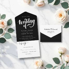 Invitación Todo En Uno Elegante Boda moderno de caligrafía blanca y negra