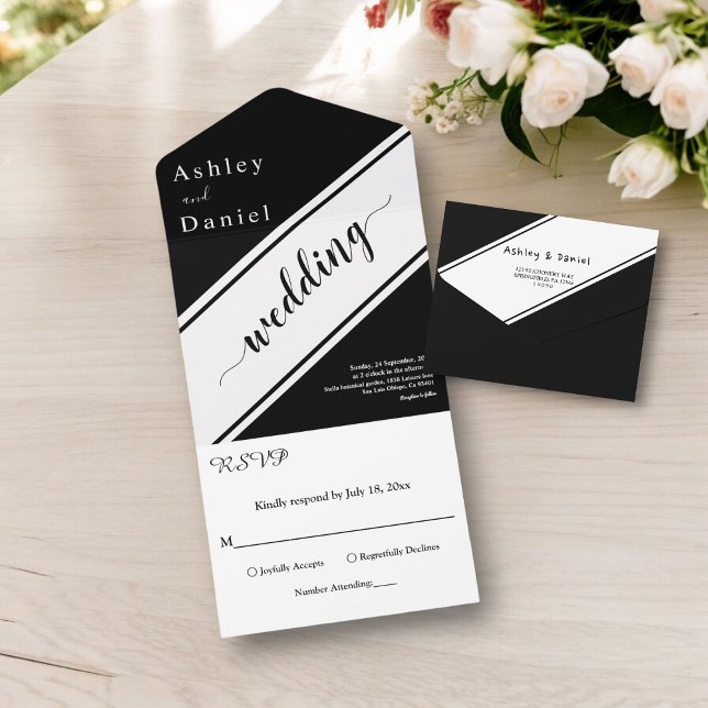 Invitación Todo En Uno Elegante Boda Moderno De Estilo Blanco Y Negro (Subido por el creador)