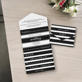 Invitación Todo En Uno Elegante Boda moderno de franjas negra y blanca