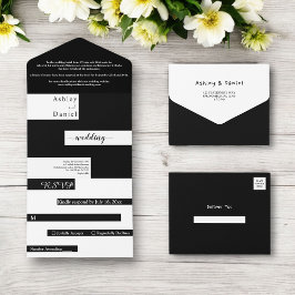 Invitación Todo En Uno Elegante Boda Moderno De Moda Negra Y Blanca
