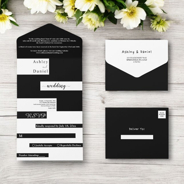 Invitación Todo En Uno Elegante Boda Moderno De Moda Negra Y Blanca (Subido por el creador)