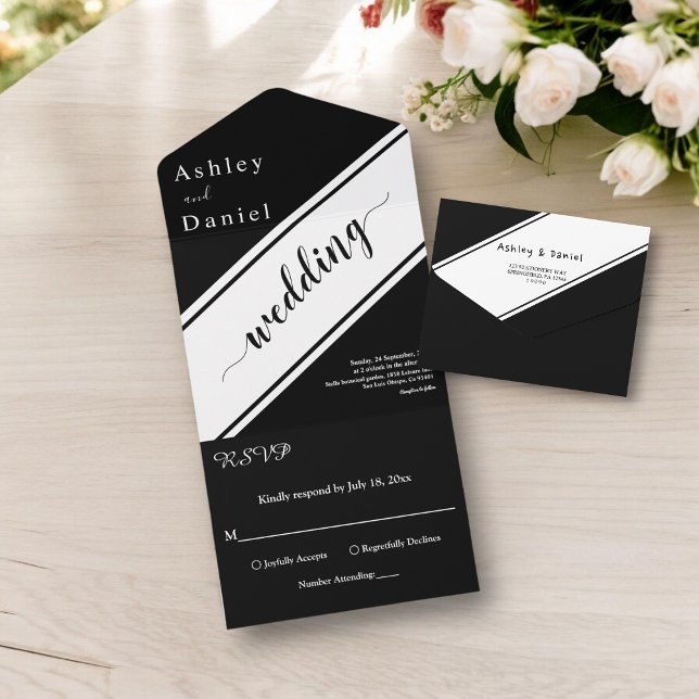 Invitación Todo En Uno Elegante Boda Moderno De Moda Negra Y Blanca (Subido por el creador)