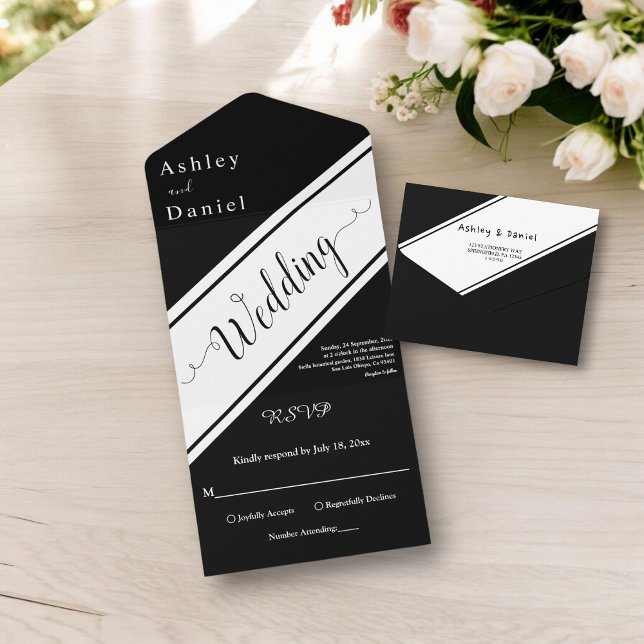 Invitación Todo En Uno Elegante Boda Moderno De Moda Negra Y Blanca (Subido por el creador)
