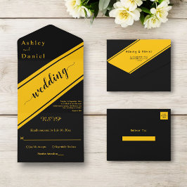 Invitación Todo En Uno Elegante Boda Moderno De Moda Negra Y Oro De Lujo