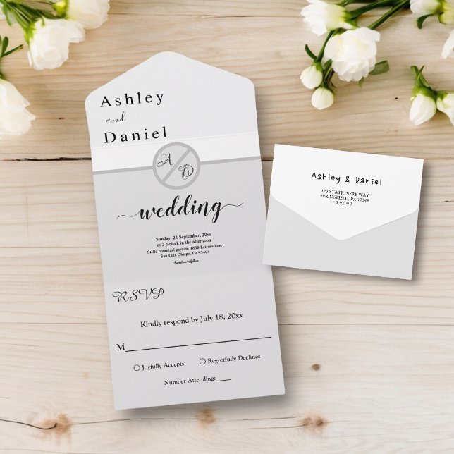 Invitación Todo En Uno Elegante Boda Moderno De Monograma Blanco Y Negro (Subido por el creador)