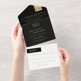 Invitación Todo En Uno Elegante Boda moderno monograma de oro negro con c