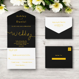 Invitación Todo En Uno Elegante Boda Moderno Negro Y Oro Mínimo