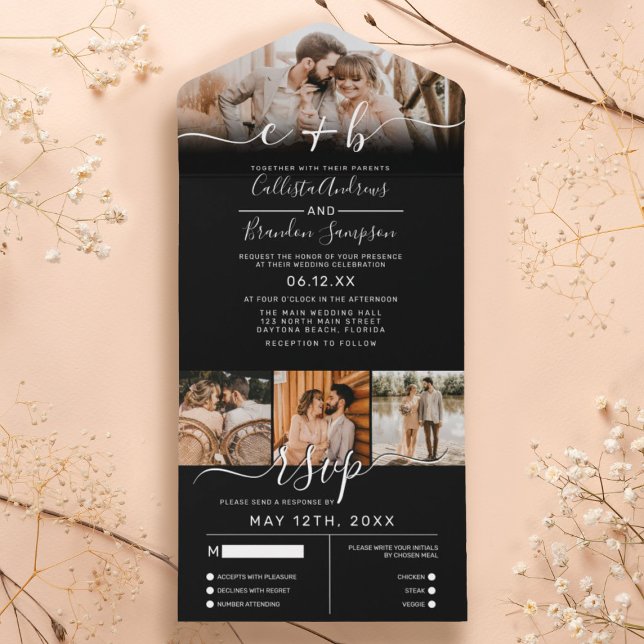 Invitación Todo En Uno Elegante Boda Monográfica en Blanco Negro RSVP (Subido por el creador)