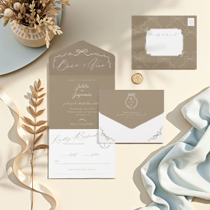Invitación Todo En Uno Elegante Boda monograma con cinta y correa dibujad
