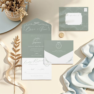 Invitación Todo En Uno Elegante Boda monograma con cinta y correa dibujad