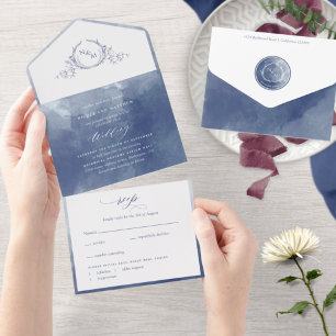 Invitación Todo En Uno Elegante Boda Monograma de color azul de la Marina