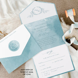 Invitación Todo En Uno Elegante Boda Monograma de color de agua de vidrio