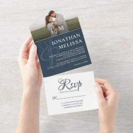 Invitación Todo En Uno Elegante Boda Monograma de fotografía azul de la M