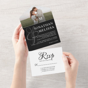 Invitación Todo En Uno Elegante Boda Monograma de fotografías en blanco y