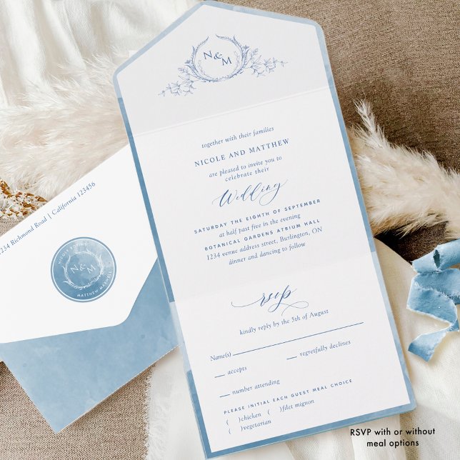 Invitación Todo En Uno Elegante Boda Monograma y acuarela azul (Subido por el creador)