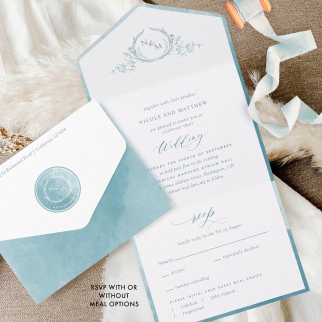 Invitación Todo En Uno Elegante Boda Monograma y acuarela de vidrio marin (Subido por el creador)