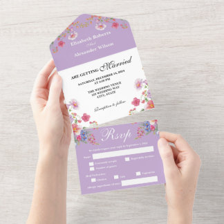 Invitación Todo En Uno Elegante Boda morado de flores silvestres colorida