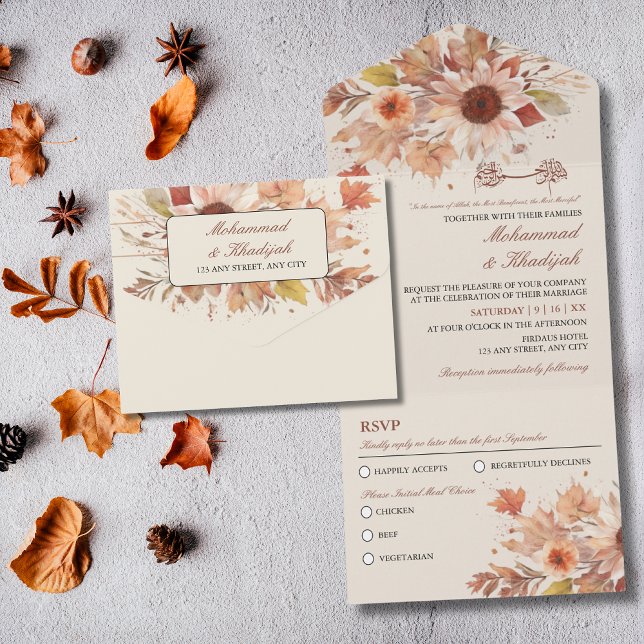 Invitación Todo En Uno Elegante Boda musulmán de acuarela floral otoñal (Elegant Autumn Floral Watercolor Muslim Wedding All In One Invitation)
