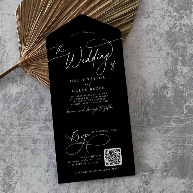 Invitación Todo En Uno Elegante Boda negro con código QR de caracteres (Elegant Charm QR Code Black Wedding All In One Invitation)