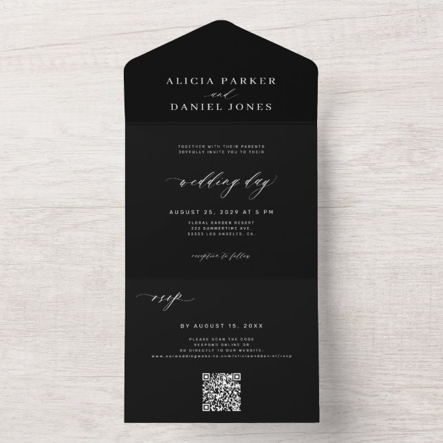 Invitación Todo En Uno Elegante boda negro en línea RSVP código QR (Interior)