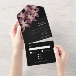 Invitación Todo En Uno Elegante Boda negro morado de orquídeas florales d