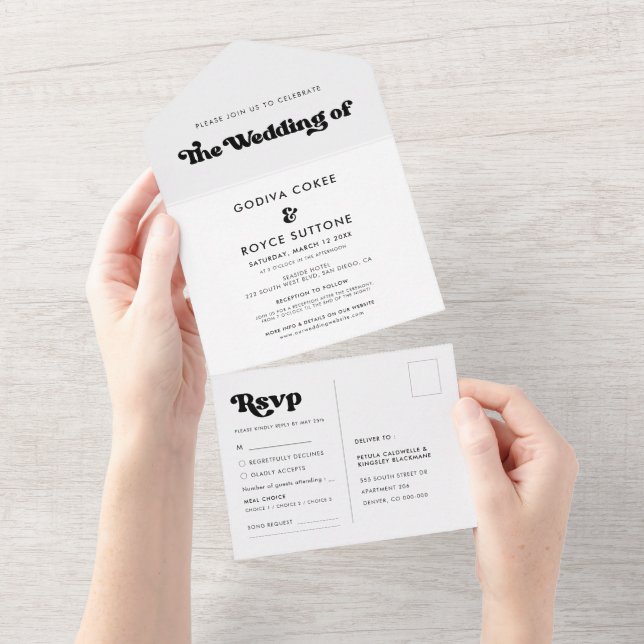 Invitación Todo En Uno Elegante boda negro retro todo en una sola invitac (desgarro)