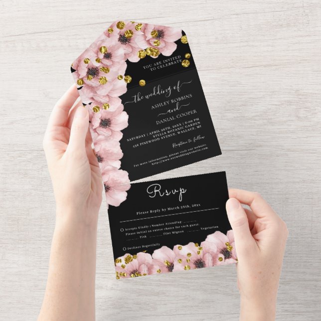 Invitación Todo En Uno Elegante Boda negro rosado (desgarro)