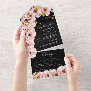 Invitación Todo En Uno Elegante Boda negro rosado