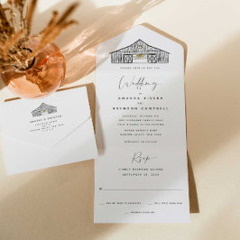 Invitación Todo En Uno Elegante Boda negro y blanco del granero