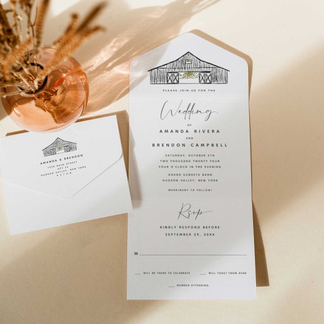Invitación Todo En Uno Elegante Boda negro y blanco del granero (Subido por el creador)