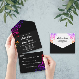 Invitación Todo En Uno Elegante Boda Neon Floral Ornate Blanco Y Negro