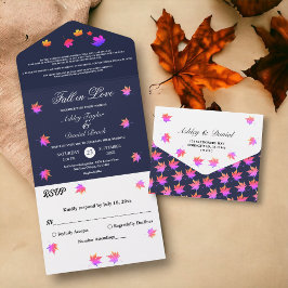 Invitación Todo En Uno Elegante Boda Otoñal con Brillo Neón Azul Marino R