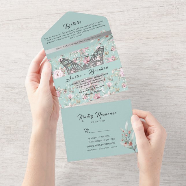 Invitación Todo En Uno Elegante Boda Pastel Azul Rosa Floral (desgarro)