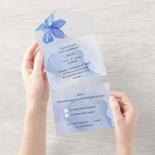 Invitación Todo En Uno Elegante Boda personalizado azul floral (desgarro)