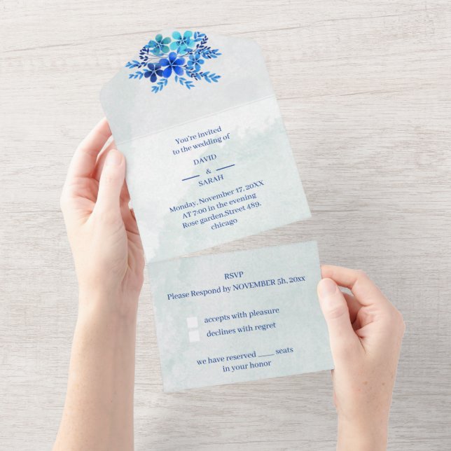 Invitación Todo En Uno Elegante Boda personalizado azul floral (desgarro)